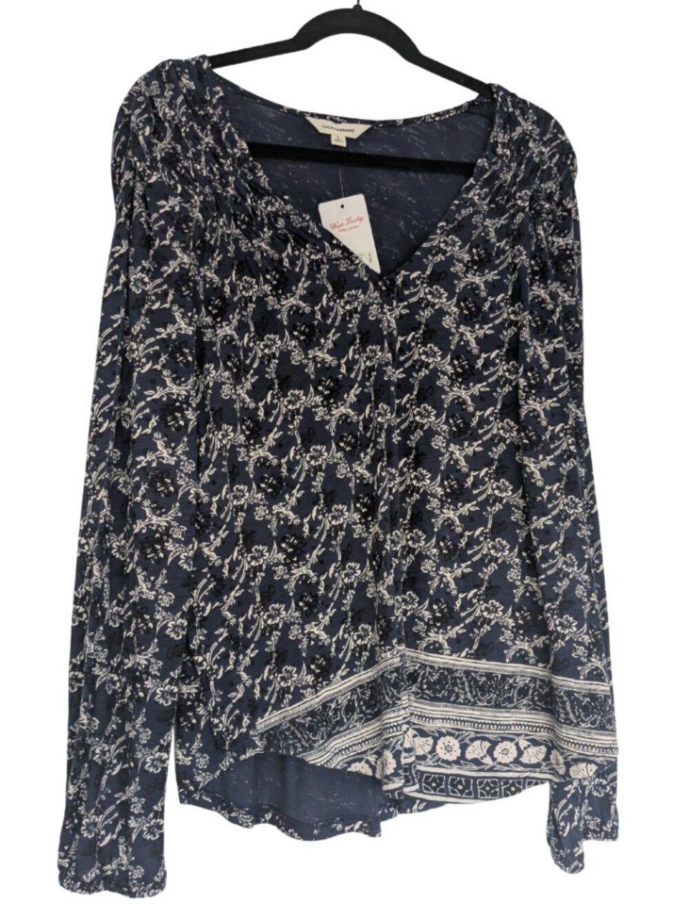 Lucky Brand Floral Boho Blouse | Long Sleeve V-Neck Top | Blue Print